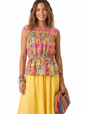 Rachel Zoe Womens colorful Paisley Sleeveless Blouse Pink Yellow small NWT